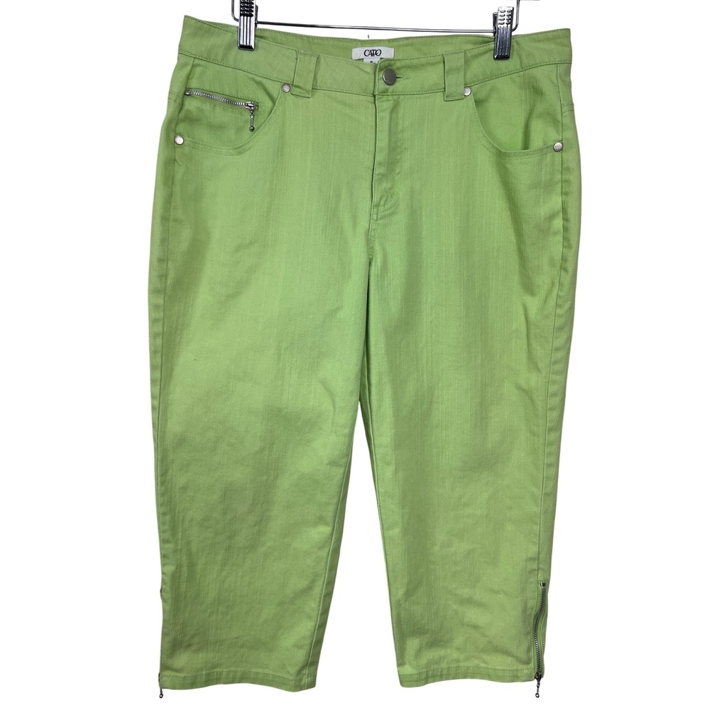 Cato Capri Pants Women Size 10 Green Zipper Detail Stretch Summer Pinstripe A30